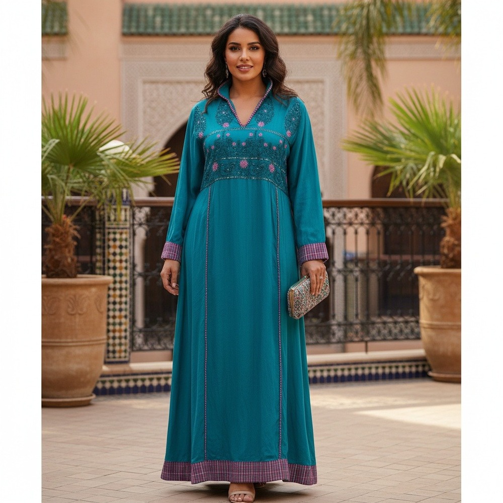 Sha Posh Long Maxi Dress Floral Embroidered Sequins Grannycore Y2K Size L Teal‎